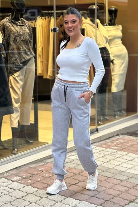 Beli Ve Paçası Lastikli Üç İplik Polar Eşofman Alt-Gri