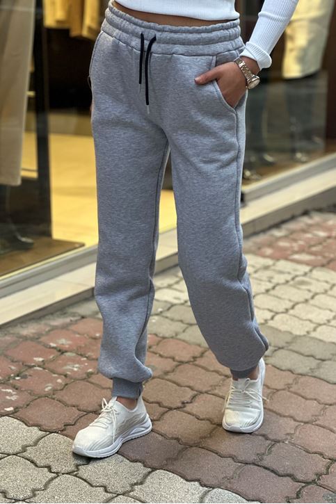 Beli Ve Paçası Lastikli Üç İplik Polar Eşofman Alt-Gri