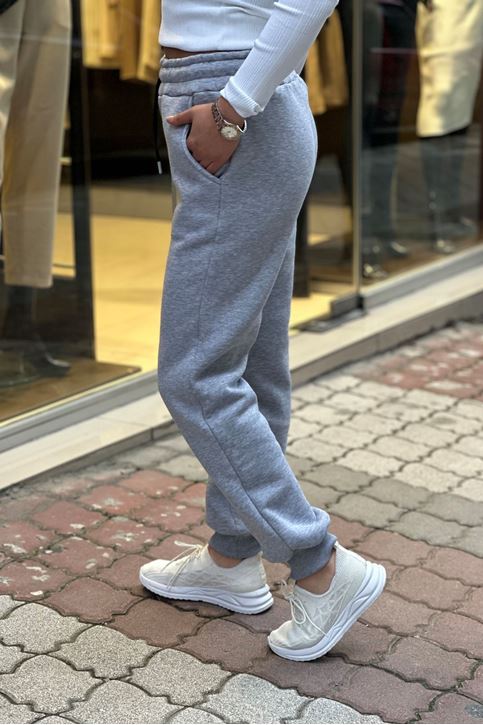 Beli Ve Paçası Lastikli Üç İplik Polar Eşofman Alt-Gri