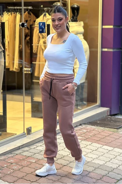 Beli Ve Paçası Lastikli Üç İplik Polar Eşofman Alt-Kahve