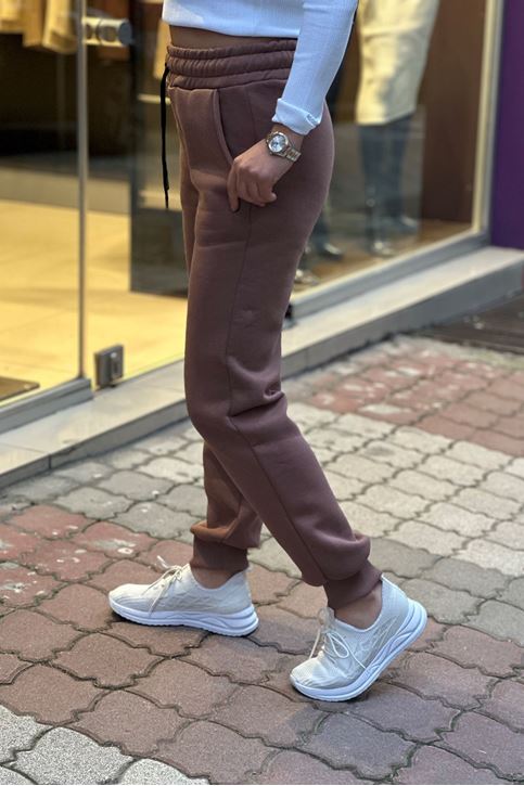 Beli Ve Paçası Lastikli Üç İplik Polar Eşofman Alt-Kahve