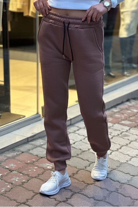 Beli Ve Paçası Lastikli Üç İplik Polar Eşofman Alt-Kahve