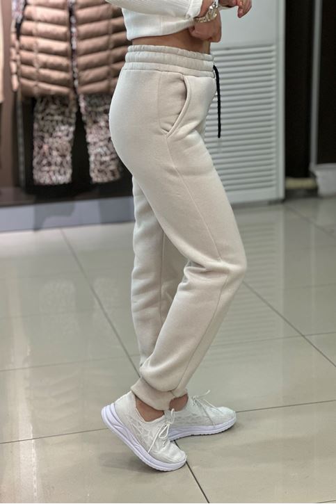 Beli Ve Paçası Lastikli Üç İplik Polar Eşofman Alt-Krem