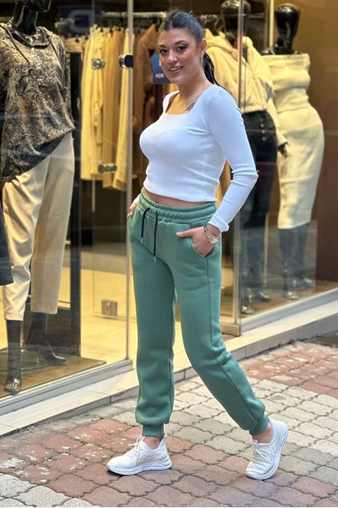 Beli Ve Paçası Lastikli Üç İplik Polar Eşofman Alt-Yeşil