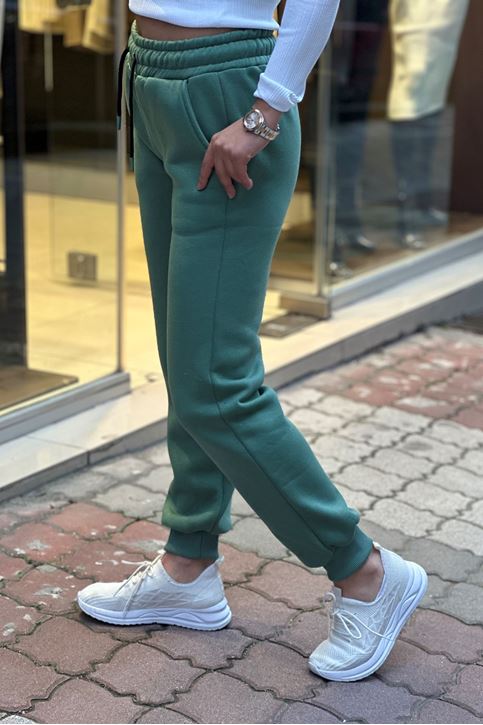 Beli Ve Paçası Lastikli Üç İplik Polar Eşofman Alt-Yeşil