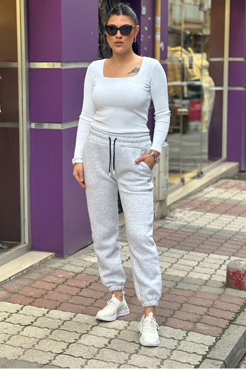 Beli Ve Paçası Lastikli Yazılı Üç İplik Eşofman Alt-Gri