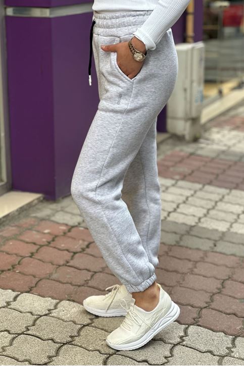 Beli Ve Paçası Lastikli Yazılı Üç İplik Eşofman Alt-Gri