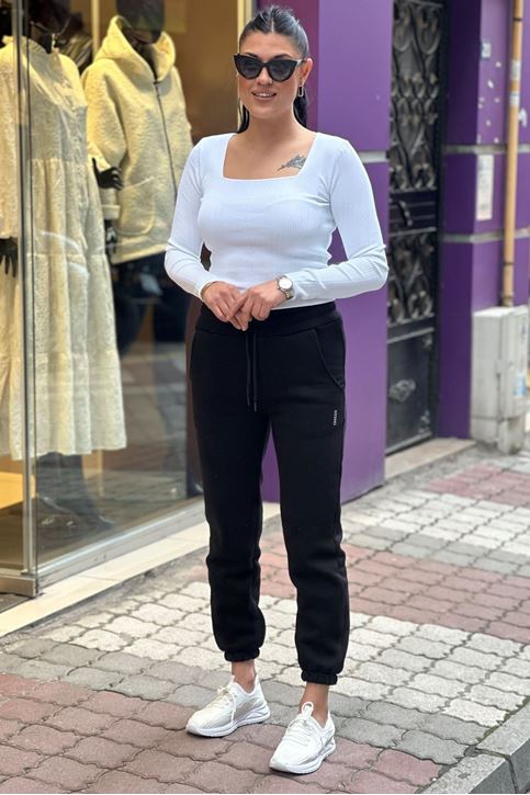 Beli Ve Paçası Lastikli Yazılı Üç İplik Eşofman Alt-Siyah