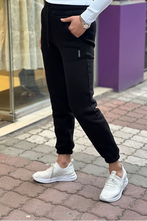 Beli Ve Paçası Lastikli Yazılı Üç İplik Eşofman Alt-Siyah