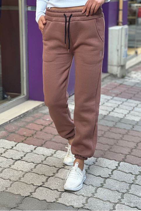 Beli Ve Paçası Lastikli Yazılı Üç İplik Eşofman Alt-Somon