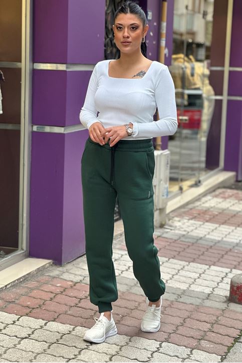 Beli Ve Paçası Lastikli Yazılı Üç İplik Eşofman Alt-Yeşil