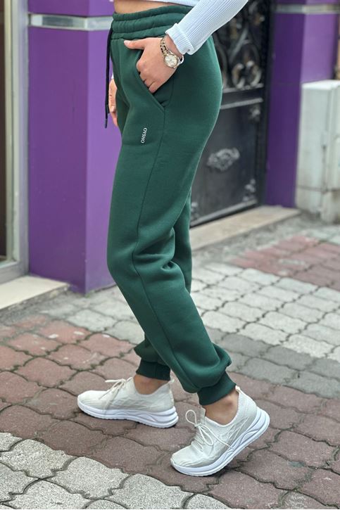 Beli Ve Paçası Lastikli Yazılı Üç İplik Eşofman Alt-Yeşil