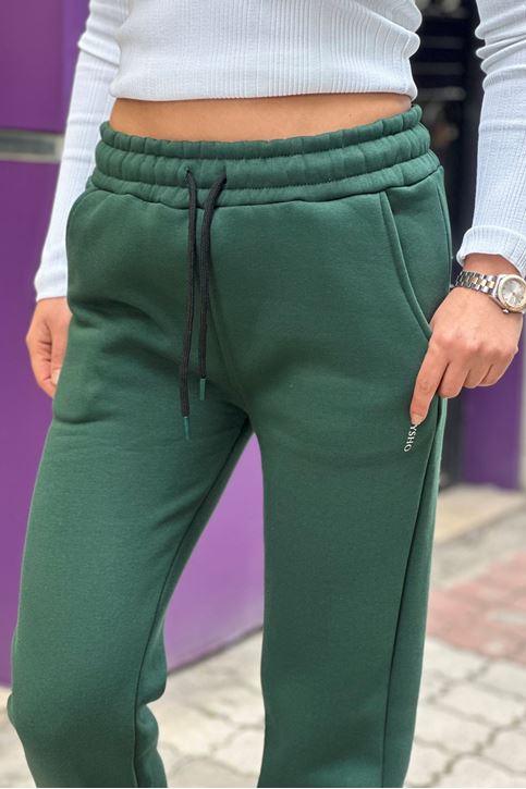 Beli Ve Paçası Lastikli Yazılı Üç İplik Eşofman Alt-Yeşil