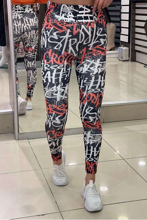 Yüksek Bel Korse Özellikli Yazı Baskı Desen Dijital Tayt-Turuncu