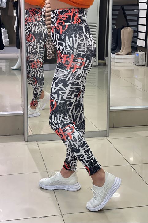 Yüksek Bel Korse Özellikli Yazı Baskı Desen Dijital Tayt-Turuncu