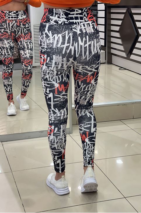 Yüksek Bel Korse Özellikli Yazı Baskı Desen Dijital Tayt-Turuncu