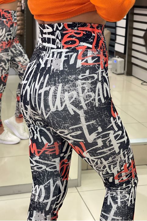 Yüksek Bel Korse Özellikli Yazı Baskı Desen Dijital Tayt-Turuncu