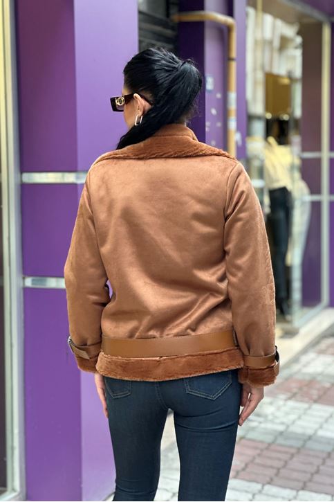 İçi Tamamen Kürk Kemerli Ceket-Taba