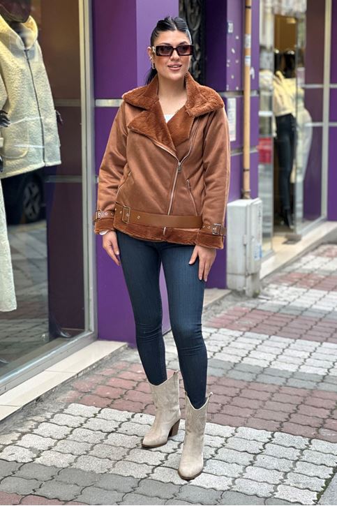 İçi Tamamen Kürk Kemerli Ceket-Taba