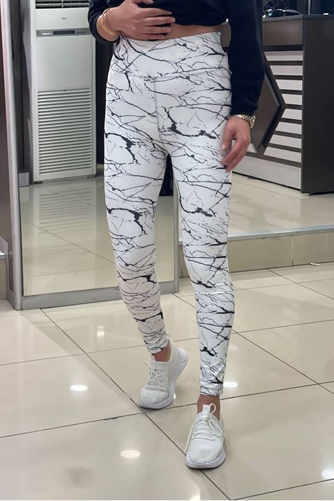 üksek Bel Korse Özellikli Mermer Desen Dijital Tayt-Beyaz