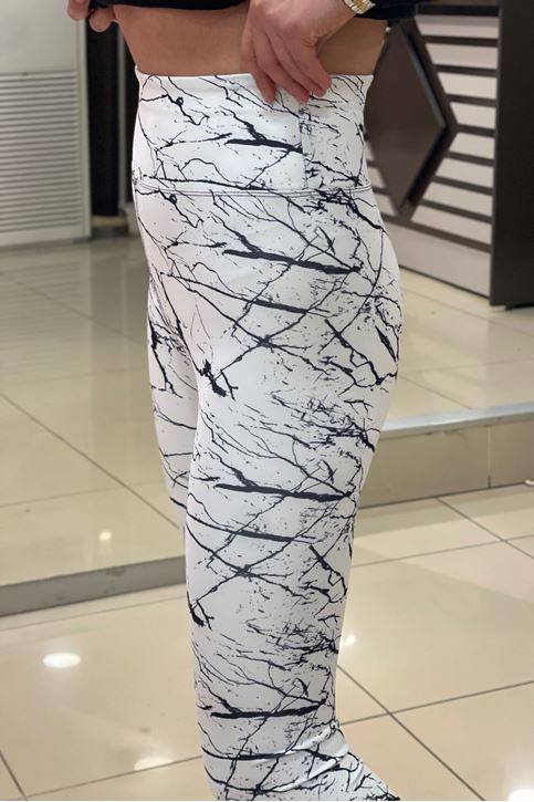 üksek Bel Korse Özellikli Mermer Desen Dijital Tayt-Beyaz