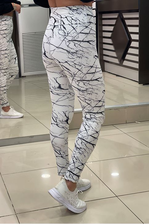 üksek Bel Korse Özellikli Mermer Desen Dijital Tayt-Beyaz