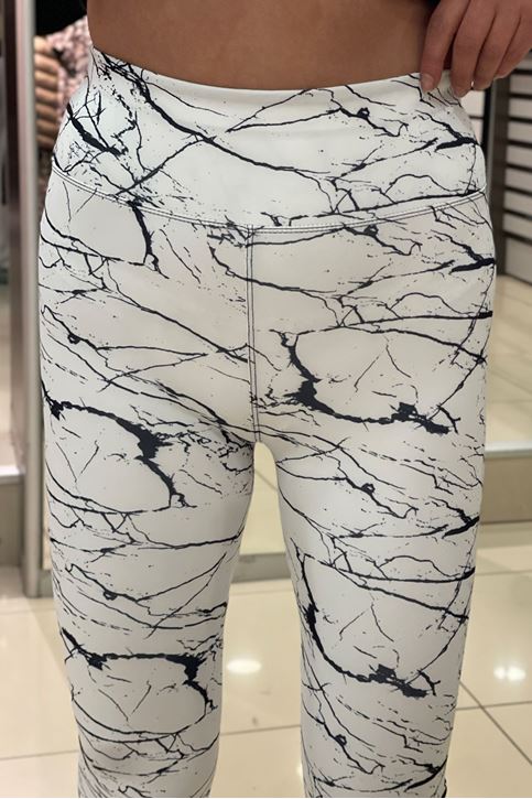 üksek Bel Korse Özellikli Mermer Desen Dijital Tayt-Beyaz