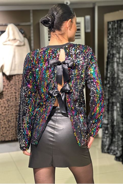 Sırtı Dekolteli Fiyonklu Pulpayet Bluz-Renkli