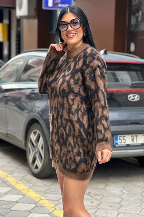 Desenli Yün Doku Triko Tunik-siyah kahve