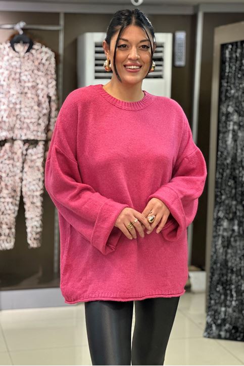 Yuvarlak Yaka Salaş Kol Yün Doku Kazak-Pembe