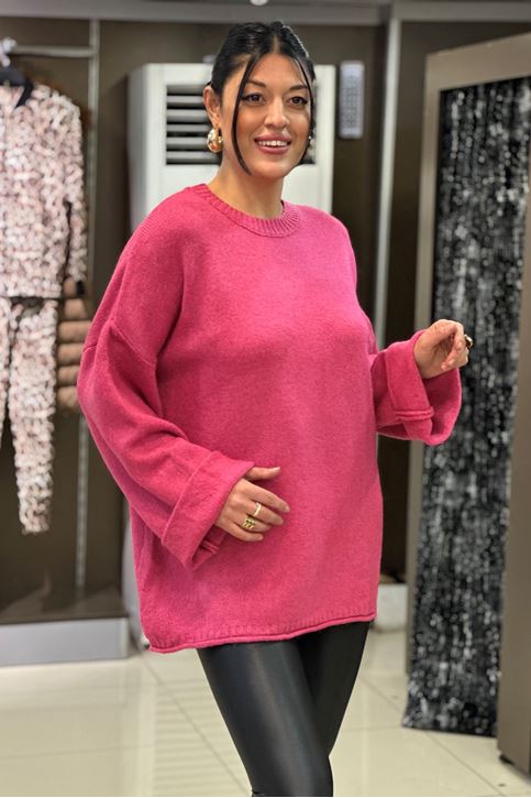 Yuvarlak Yaka Salaş Kol Yün Doku Kazak-Pembe