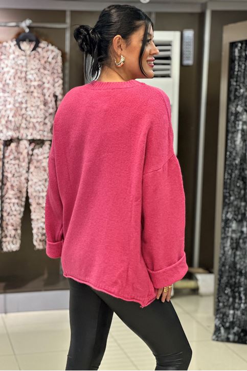 Yuvarlak Yaka Salaş Kol Yün Doku Kazak-Pembe