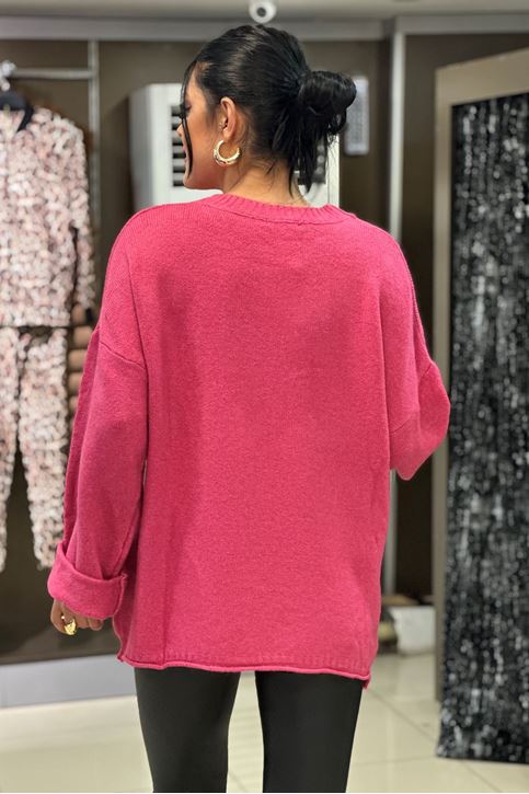 Yuvarlak Yaka Salaş Kol Yün Doku Kazak-Pembe