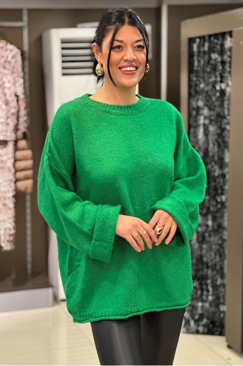 Yuvarlak Yaka Salaş Kol Yün Doku Kazak-Yeşil