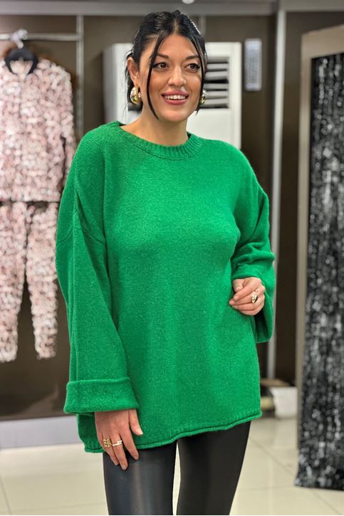 Yuvarlak Yaka Salaş Kol Yün Doku Kazak-Yeşil