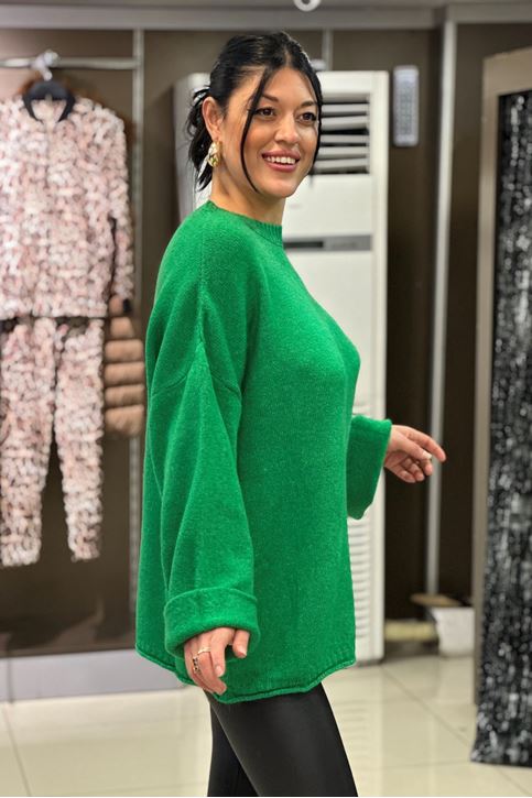 Yuvarlak Yaka Salaş Kol Yün Doku Kazak-Yeşil