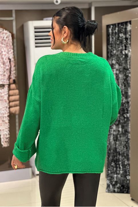 Yuvarlak Yaka Salaş Kol Yün Doku Kazak-Yeşil