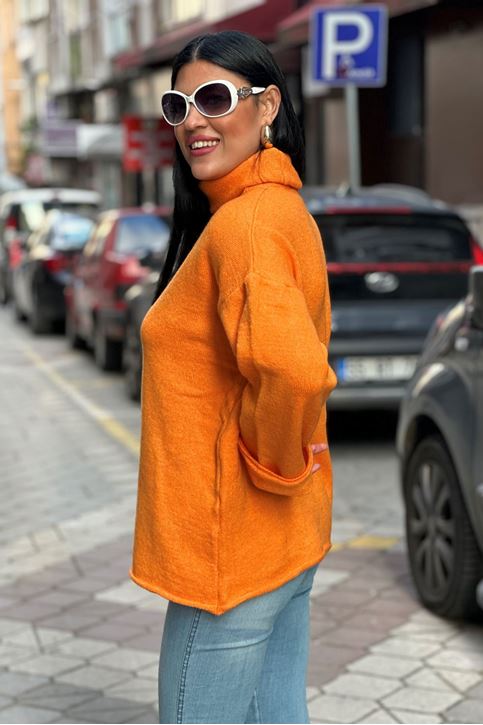 Balıkçı Yaka Salaş Kol Triko Kazak-Hardal Sarı