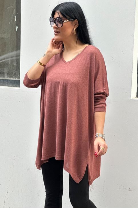 V yaka Salaş Pamuklu Triko Bluz-Kiremit