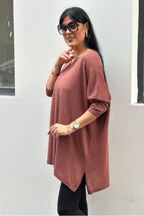 V yaka Salaş Pamuklu Triko Bluz-Kiremit