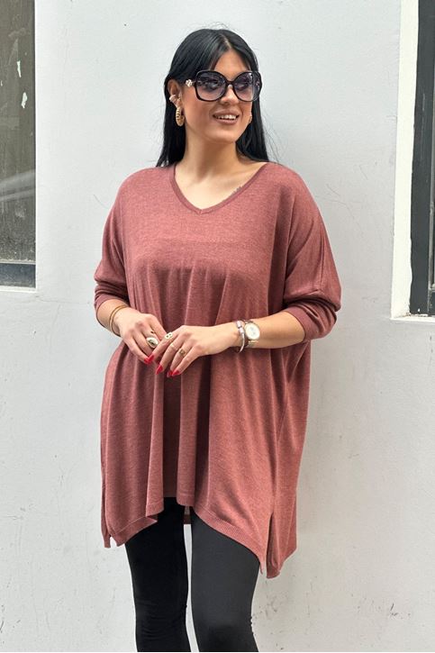 V yaka Salaş Pamuklu Triko Bluz-Kiremit