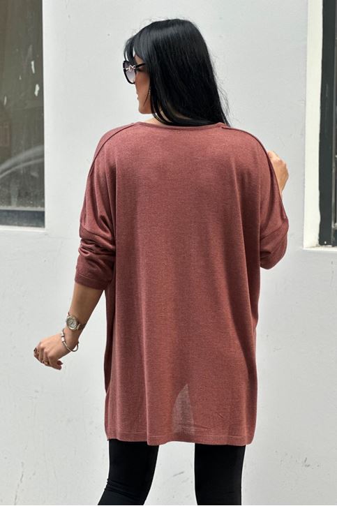 V yaka Salaş Pamuklu Triko Bluz-Kiremit