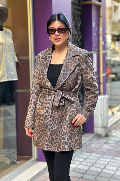 Leopar Desen İçi Astarlı Kuşaklı Kaban-Vizon