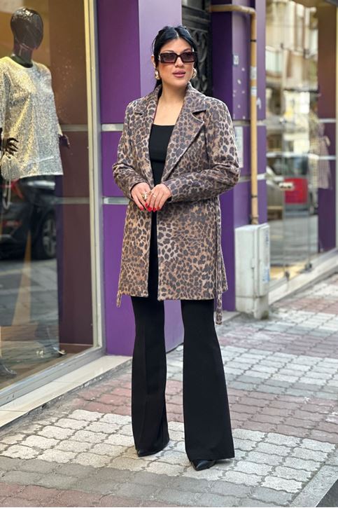 Leopar Desen İçi Astarlı Kuşaklı Kaban-Vizon