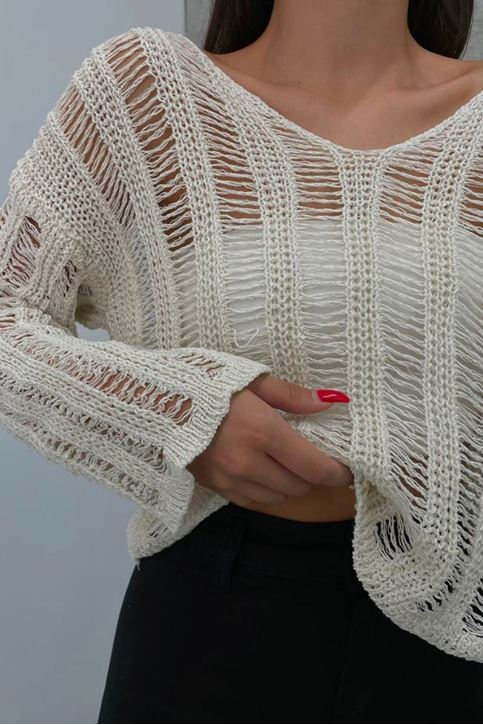 Ajurlu V Yaka Salaş Kazak-Krem