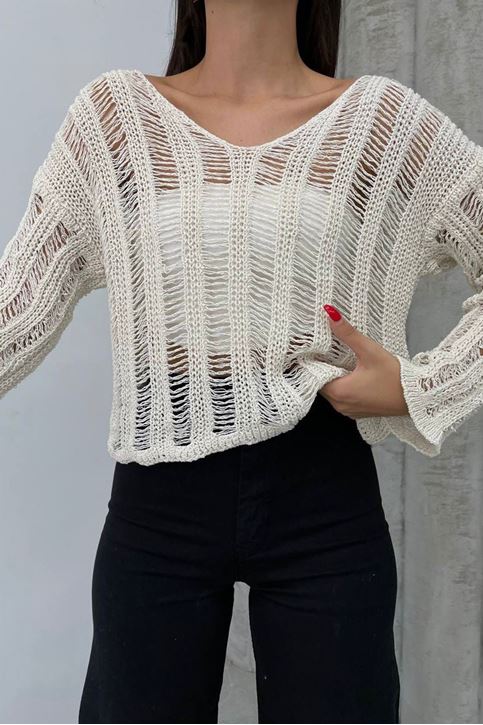 Ajurlu V Yaka Salaş Kazak-Krem