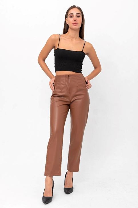 Ön Dikiş Detaylı Yüksek Bel Deri Pantolon-Taba