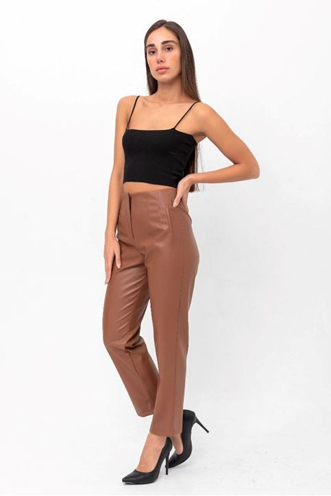 Ön Dikiş Detaylı Yüksek Bel Deri Pantolon-Taba