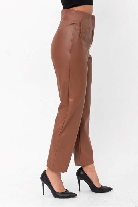 Ön Dikiş Detaylı Yüksek Bel Deri Pantolon-Taba
