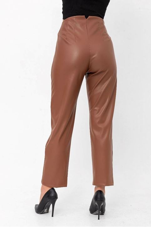 Ön Dikiş Detaylı Yüksek Bel Deri Pantolon-Taba